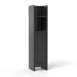 Schmaler Toilettenschrank mit 2 Offenen Fächern & 2 Abnehmbarer Ablage Badschrank Schwarz