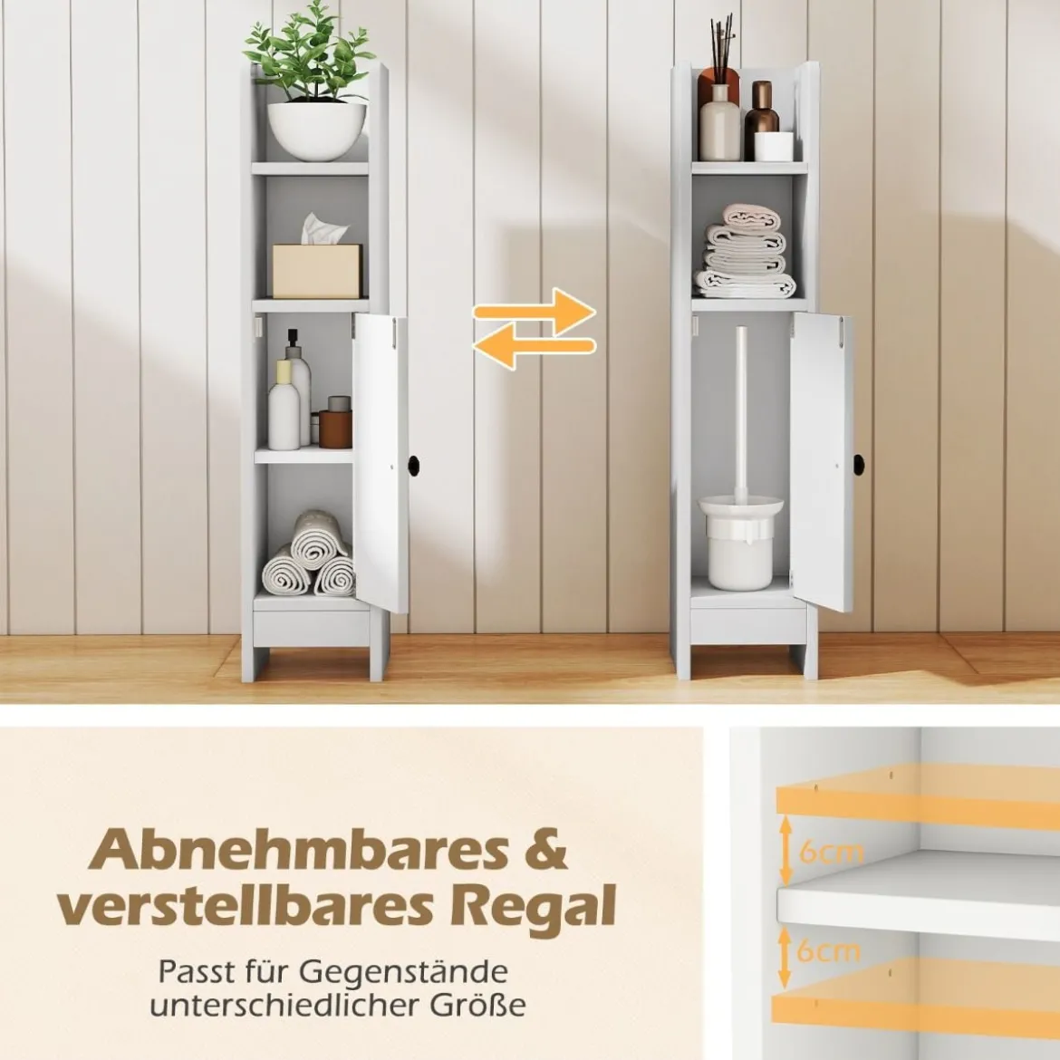 Schmaler Toilettenschrank mit 2 Offenen Fächern & 2 Abnehmbarer Ablage Badschrank Weiß