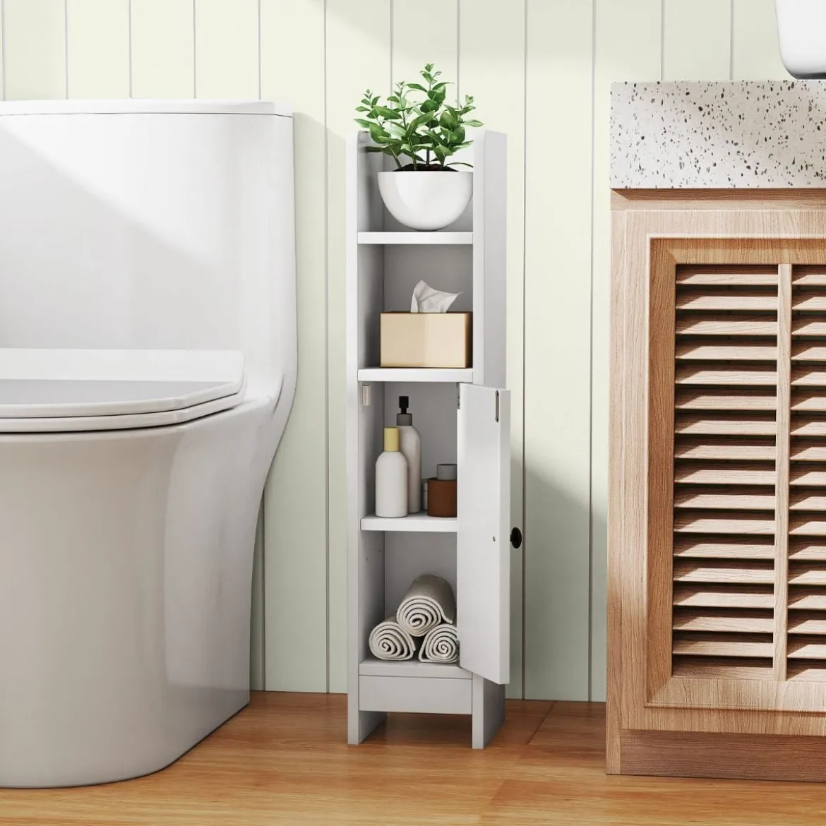 Schmaler Toilettenschrank mit 2 Offenen Fächern & 2 Abnehmbarer Ablage Badschrank Weiß