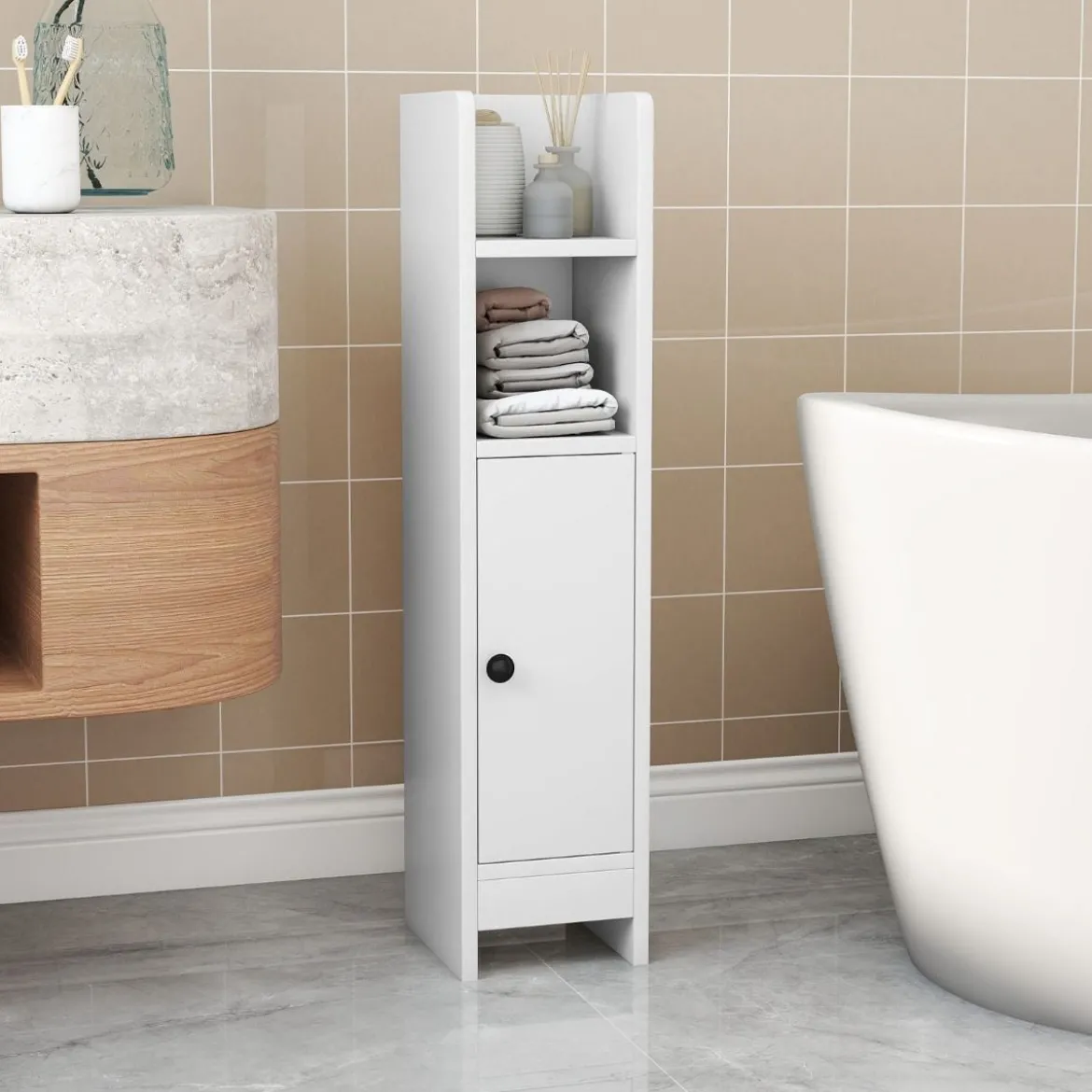 Schmaler Toilettenschrank mit 2 Offenen Fächern & 2 Abnehmbarer Ablage Badschrank Weiß