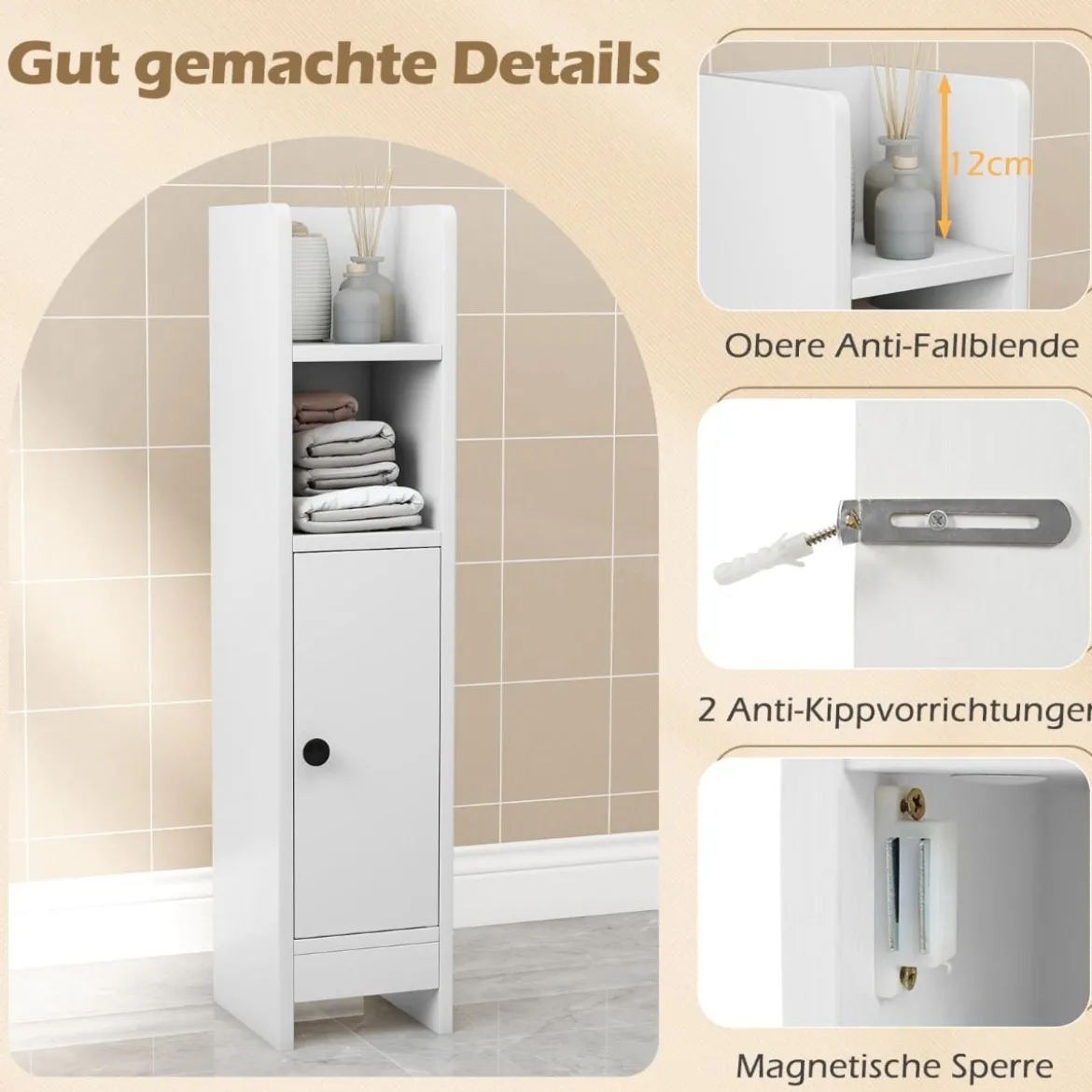 Schmaler Toilettenschrank mit 2 Offenen Fächern & 2 Abnehmbarer Ablage Badschrank Weiß