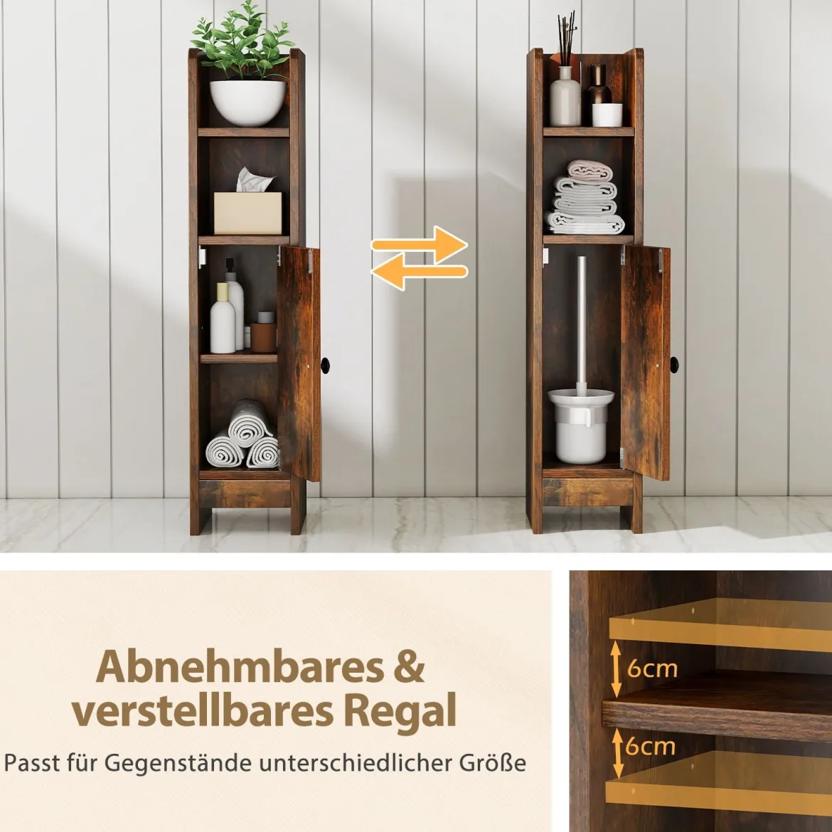 Schmaler Toilettenschrank mit 2 Offenen Fächern & 2 Abnehmbarer Ablage Badschrank Vintage