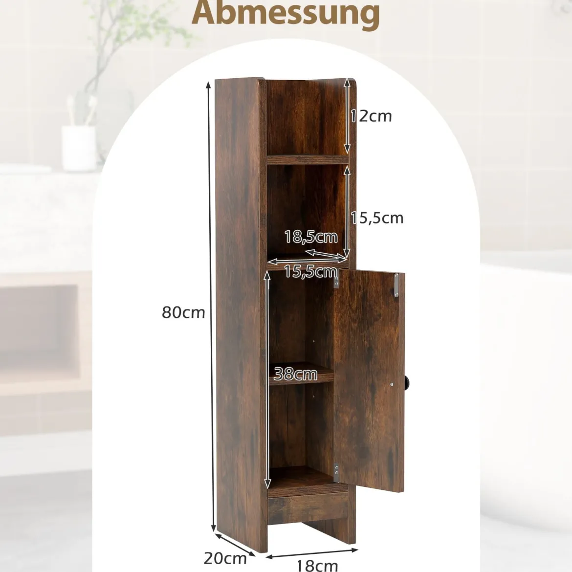 Schmaler Toilettenschrank mit 2 Offenen Fächern & 2 Abnehmbarer Ablage Badschrank Vintage