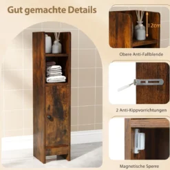 Schmaler Toilettenschrank mit 2 Offenen Fächern & 2 Abnehmbarer Ablage Badschrank Vintage