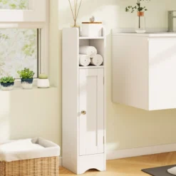 Schmaler Toilettenschrank mit Offenem Fach & 2 Verstellbare Ablagen Badschrank Weiß