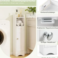 Schmaler Toilettenschrank mit Offenem Fach & 2 Verstellbare Ablagen Badschrank Weiß