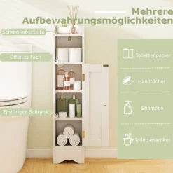 Schmaler Toilettenschrank mit Offenem Fach & 2 Verstellbare Ablagen Badschrank Weiß