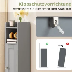 Schmaler Toilettenschrank mit Offenem Fach & 2 Verstellbare Ablagen Badschrank Grau