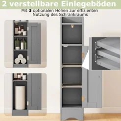 Schmaler Toilettenschrank mit Offenem Fach & 2 Verstellbare Ablagen Badschrank Grau