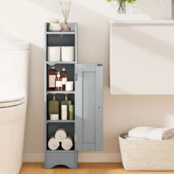 Schmaler Toilettenschrank mit Offenem Fach & 2 Verstellbare Ablagen Badschrank Grau