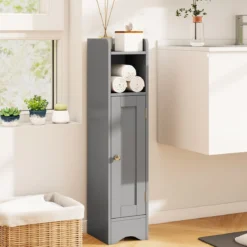 Schmaler Toilettenschrank mit Offenem Fach & 2 Verstellbare Ablagen Badschrank Grau
