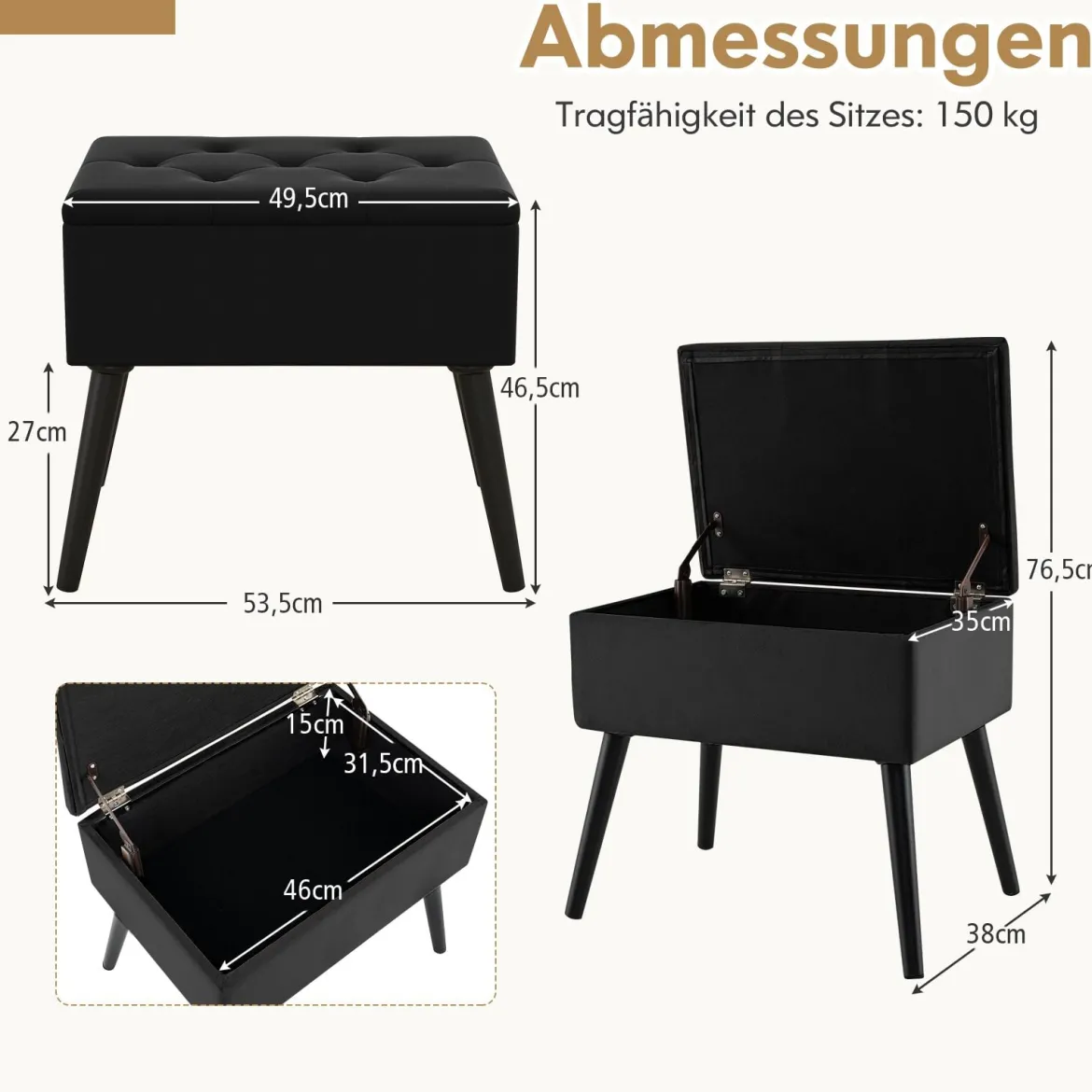 Schminkhocker mit Stauraum Polsterhocker mit Aufklappbarem Gepolstertem Sitz Schwarz