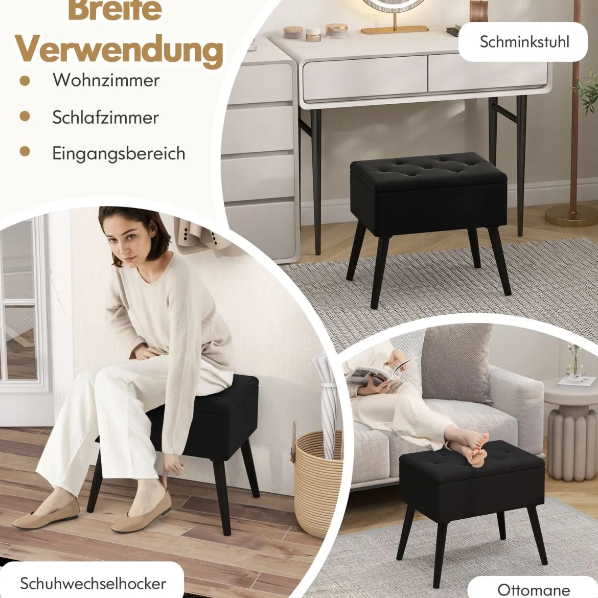 Schminkhocker mit Stauraum Polsterhocker mit Aufklappbarem Gepolstertem Sitz Schwarz