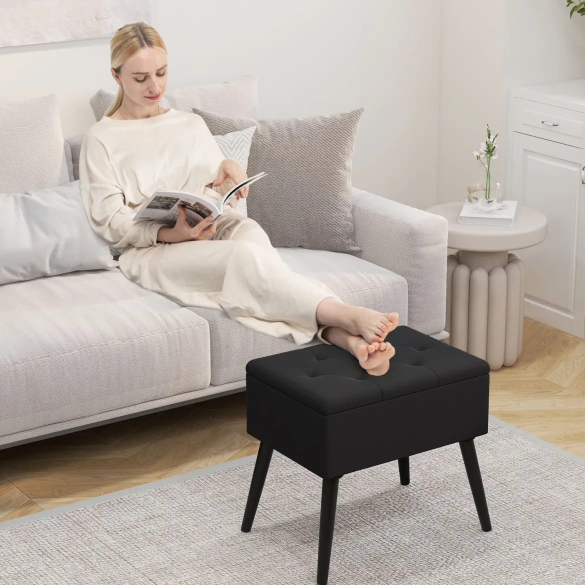 Schminkhocker mit Stauraum Polsterhocker mit Aufklappbarem Gepolstertem Sitz Schwarz