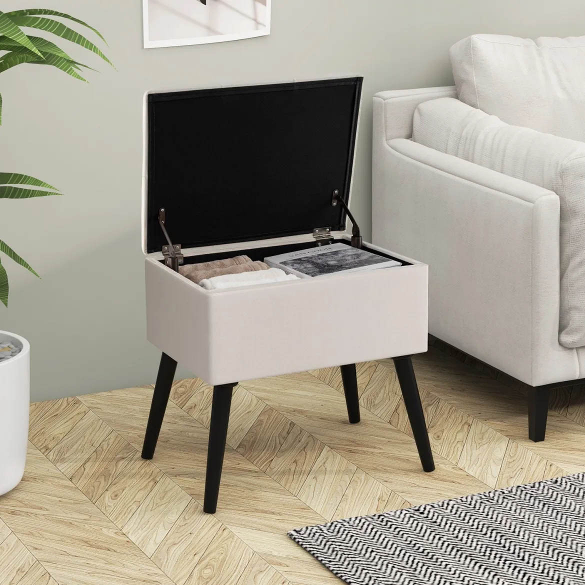 Schminkhocker mit Stauraum Polsterhocker mit Aufklappbarem Gepolstertem Sitz Beige