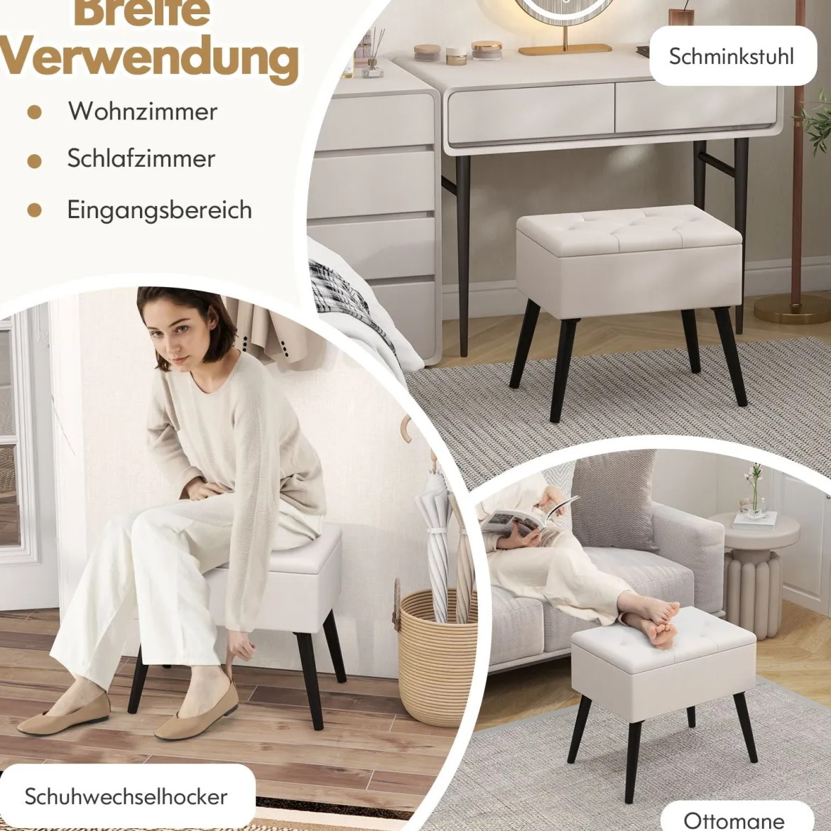 Schminkhocker mit Stauraum Polsterhocker mit Aufklappbarem Gepolstertem Sitz Beige