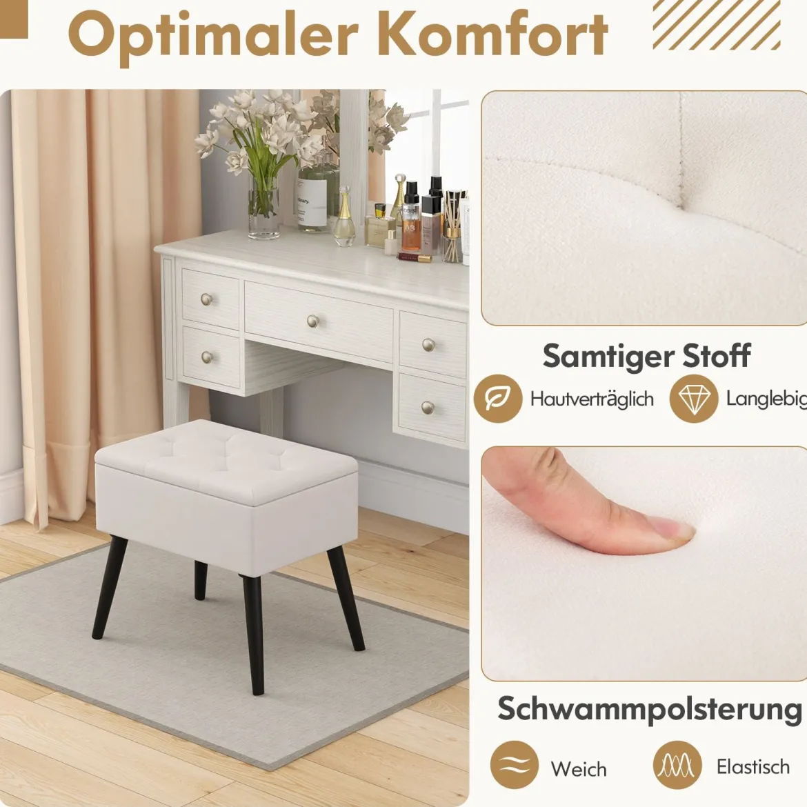 Schminkhocker mit Stauraum Polsterhocker mit Aufklappbarem Gepolstertem Sitz Beige