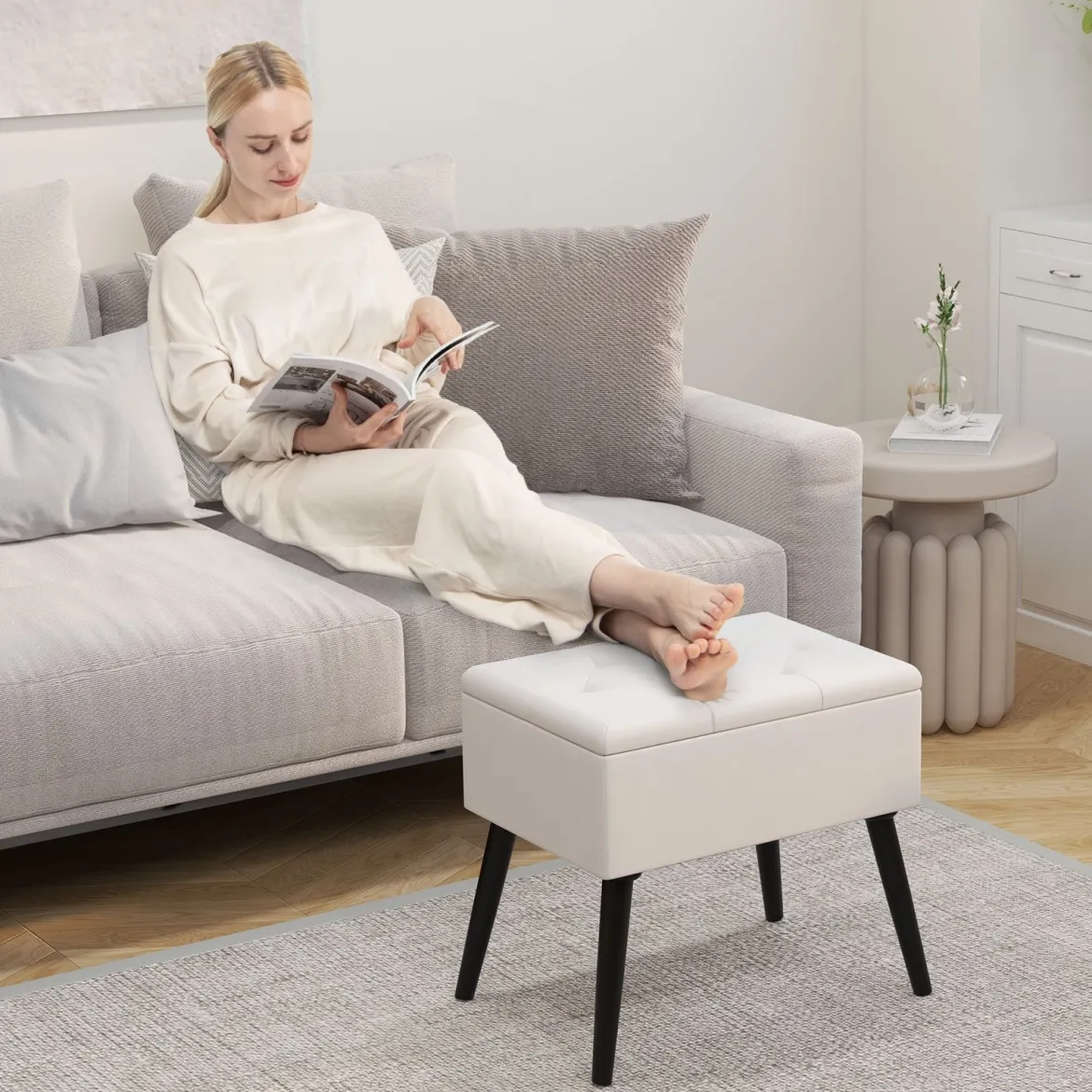 Schminkhocker mit Stauraum Polsterhocker mit Aufklappbarem Gepolstertem Sitz Beige