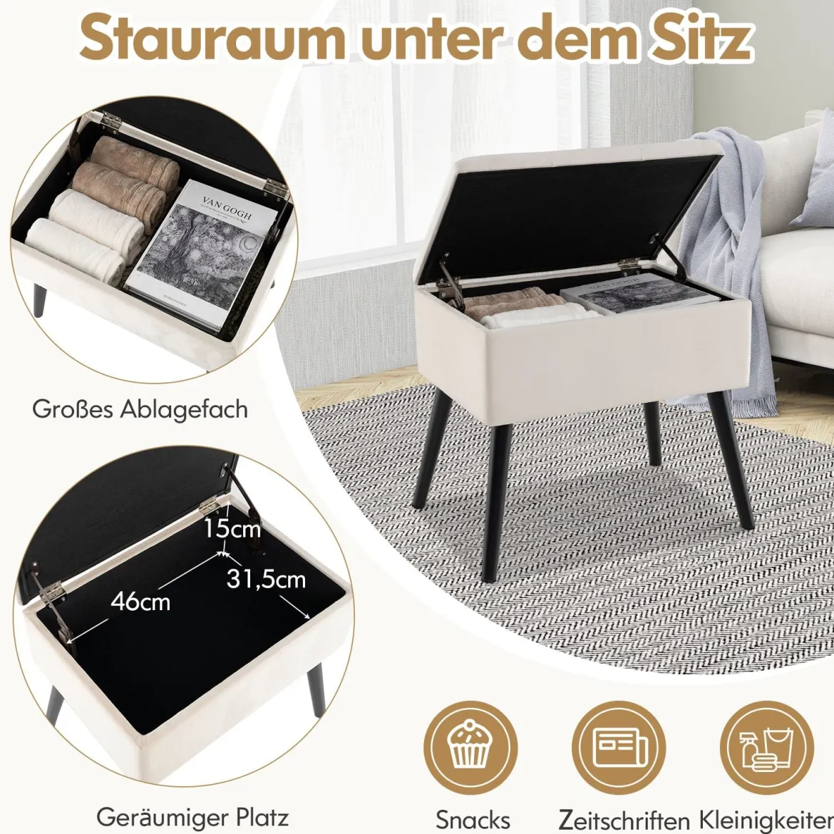 Schminkhocker mit Stauraum Polsterhocker mit Aufklappbarem Gepolstertem Sitz Beige