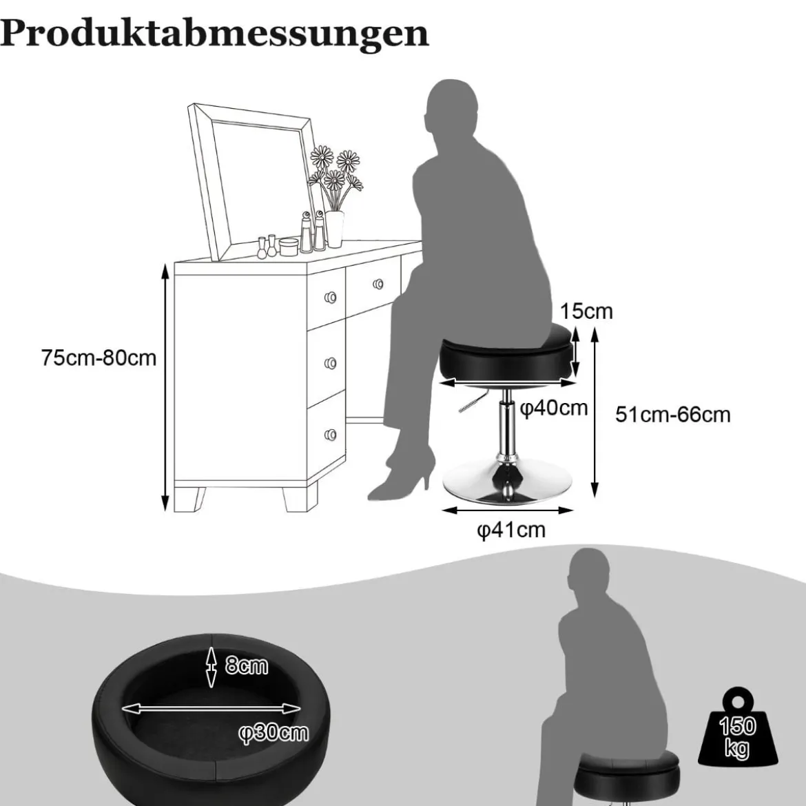 Schminkhocker mit Stauraum um 360° Drehbarer Hocker aus Kunstleder Sitzhöhe 51-66cm Schwarz/Weiß/Rosa