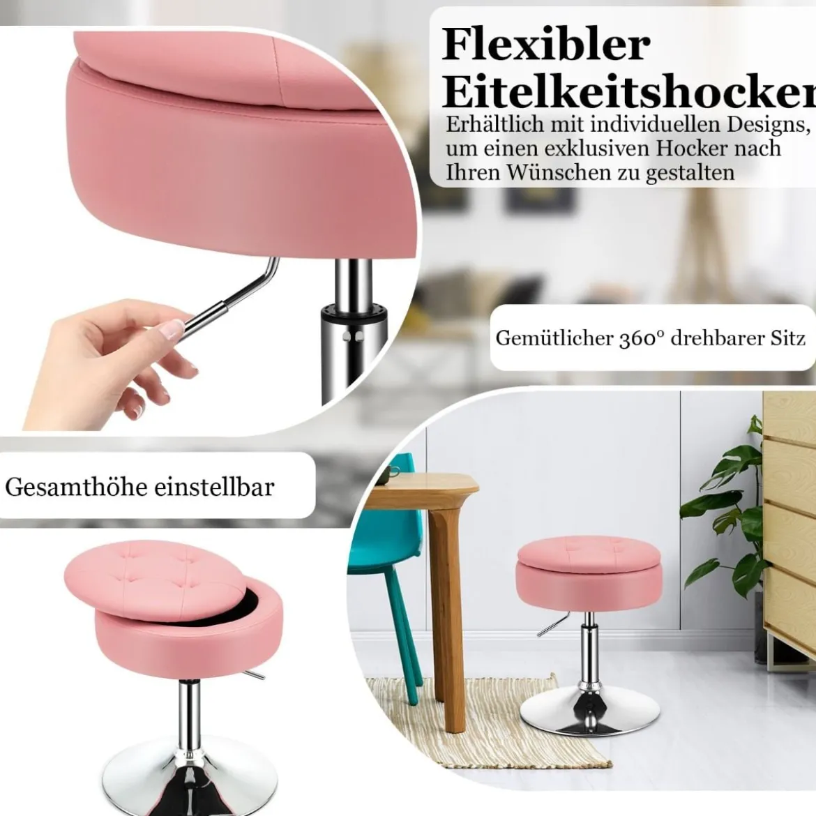 Schminkhocker mit Stauraum um 360° Drehbarer Hocker aus Kunstleder Sitzhöhe 51-66cm Schwarz/Weiß/Rosa