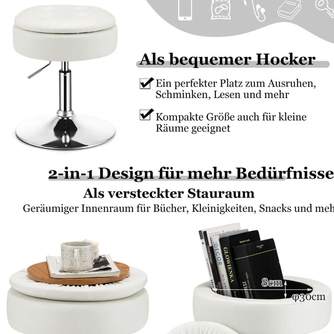 Schminkhocker mit Stauraum um 360° Drehbarer Hocker aus Kunstleder Sitzhöhe 51-66cm Schwarz/Weiß/Rosa