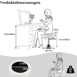 Schminkhocker mit Stauraum um 360° Drehbarer Hocker aus Kunstleder Sitzhöhe 51-66cm Schwarz/Weiß/Rosa