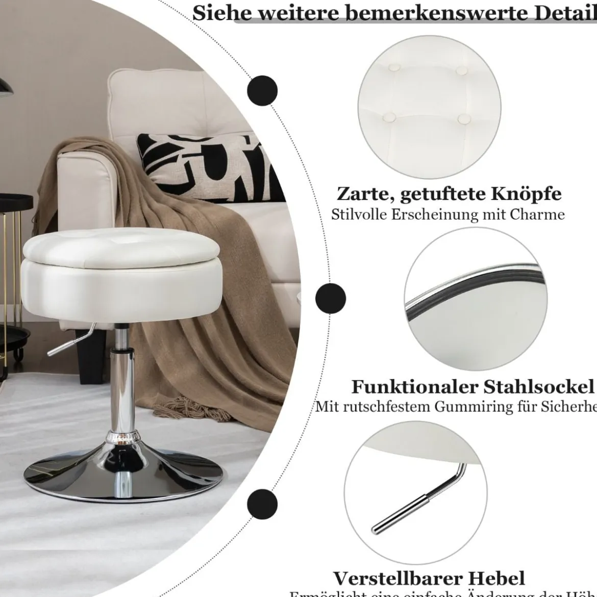 Schminkhocker mit Stauraum um 360° Drehbarer Hocker aus Kunstleder Sitzhöhe 51-66cm Schwarz/Weiß/Rosa
