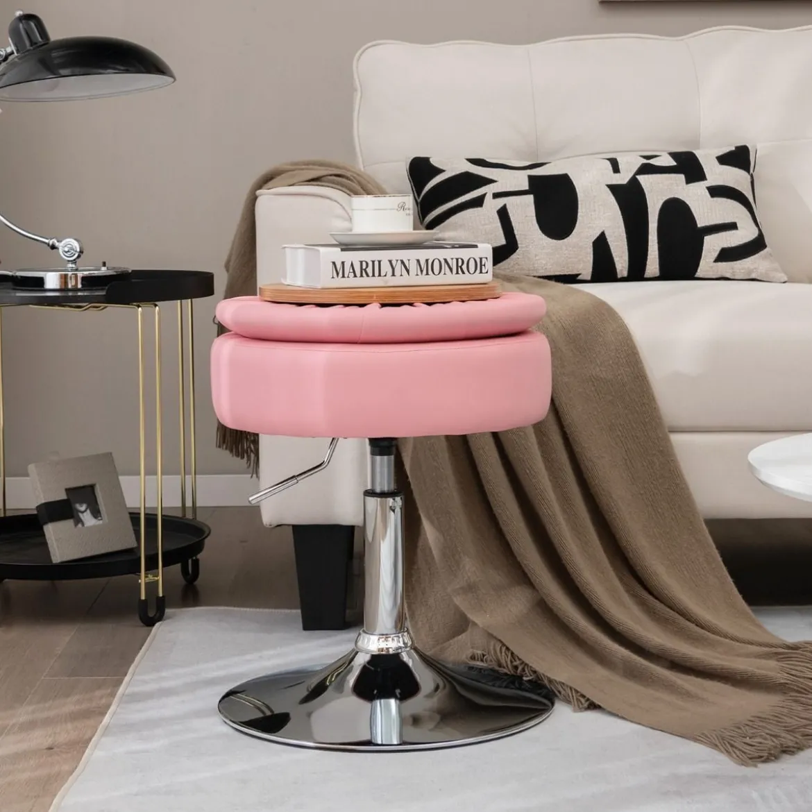Schminkhocker mit Stauraum um 360° Drehbarer Hocker aus Kunstleder Sitzhöhe 51-66cm Schwarz/Weiß/Rosa