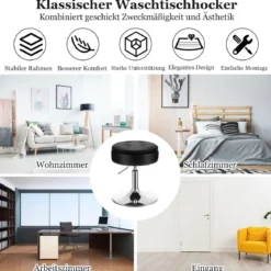 Schminkhocker mit Stauraum um 360° Drehbarer Hocker aus Kunstleder Sitzhöhe 51-66cm Schwarz/Weiß/Rosa