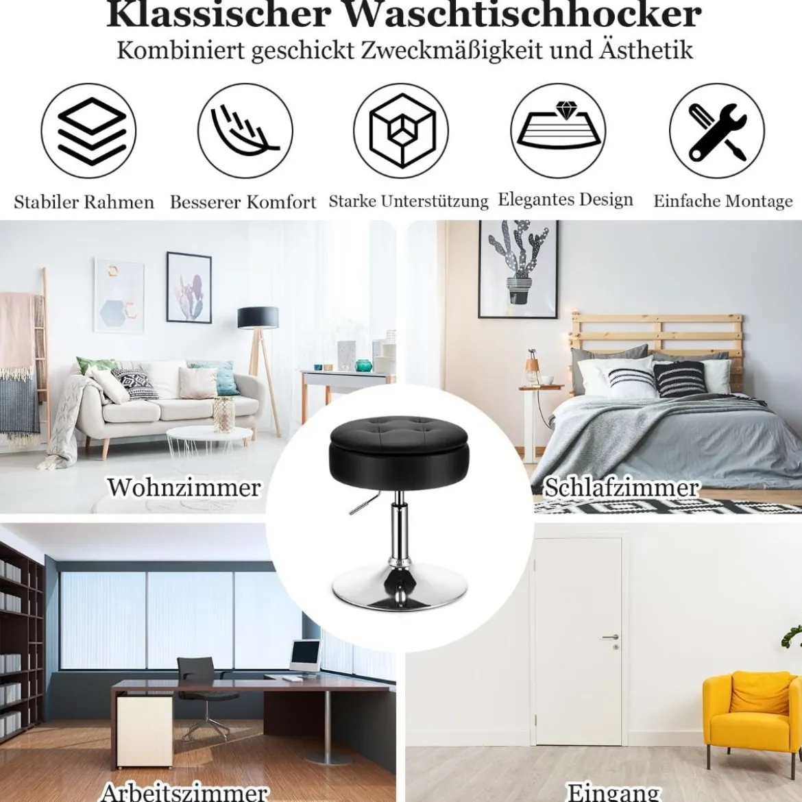 Schminkhocker mit Stauraum um 360° Drehbarer Hocker aus Kunstleder Sitzhöhe 51-66cm Schwarz/Weiß/Rosa