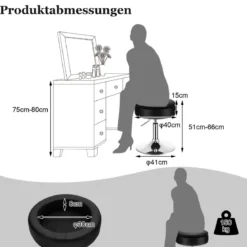 Schminkhocker mit Stauraum um 360° Drehbarer Hocker aus Kunstleder Sitzhöhe 51-66cm Schwarz/Weiß/Rosa