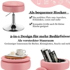 Schminkhocker mit Stauraum um 360° Drehbarer Hocker aus Kunstleder Sitzhöhe 51-66cm Schwarz/Weiß/Rosa