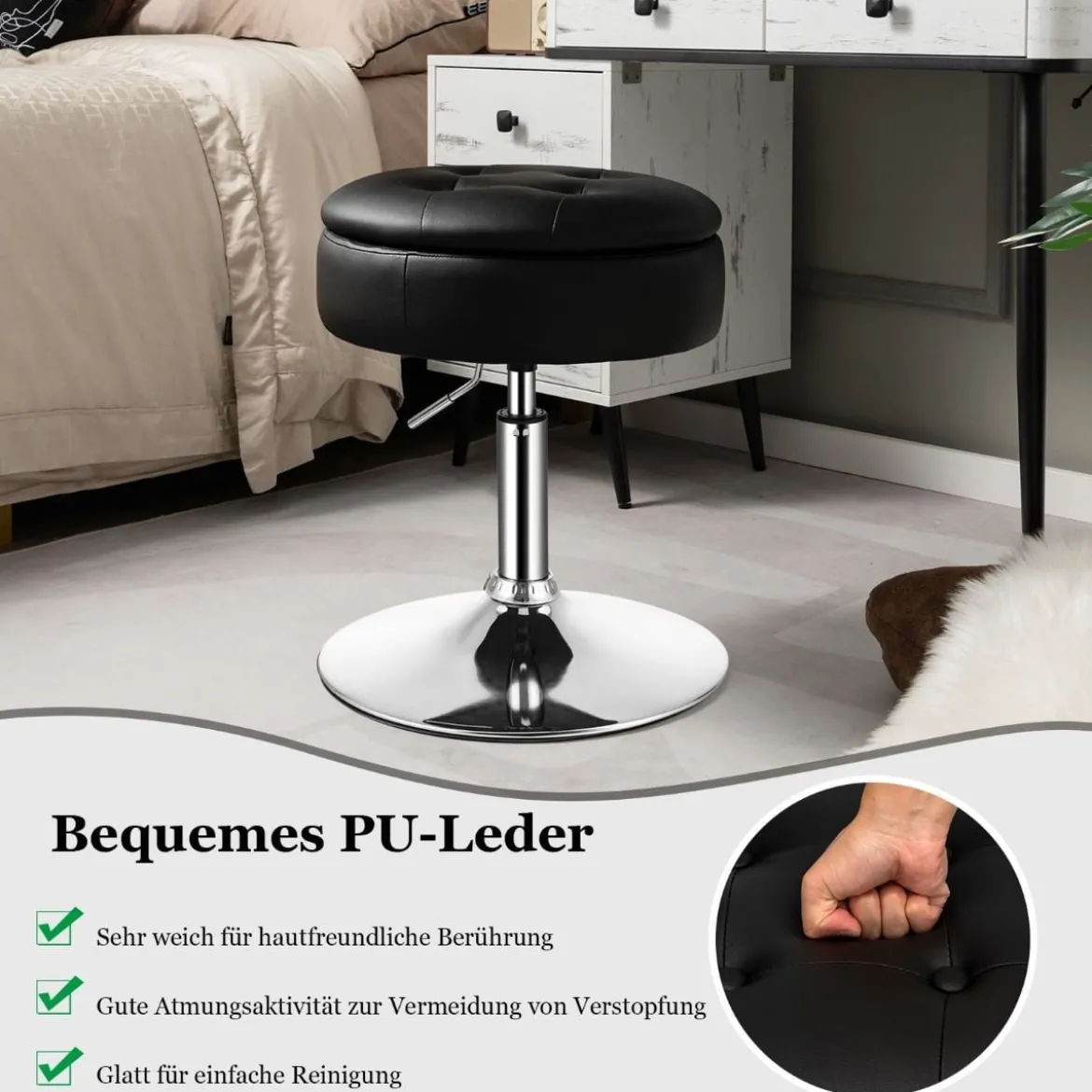 Schminkhocker mit Stauraum um 360° Drehbarer Hocker aus Kunstleder Sitzhöhe 51-66cm Schwarz/Weiß/Rosa