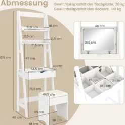 Schminkset Schminkset Frisierkommode mit Klappspiegel und Hocker Weiß 60 x 40 x 180 cm