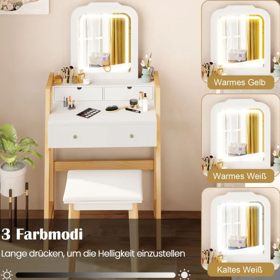 Schminktisch aus Holz mit Hocker & Spiegel & 3 Schubladen Frisiertisch 64 x 41 x 137 cm Weiß