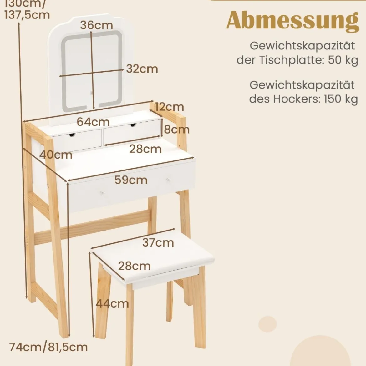 Schminktisch aus Holz mit Hocker & Spiegel & 3 Schubladen Frisiertisch 64 x 41 x 137 cm Weiß