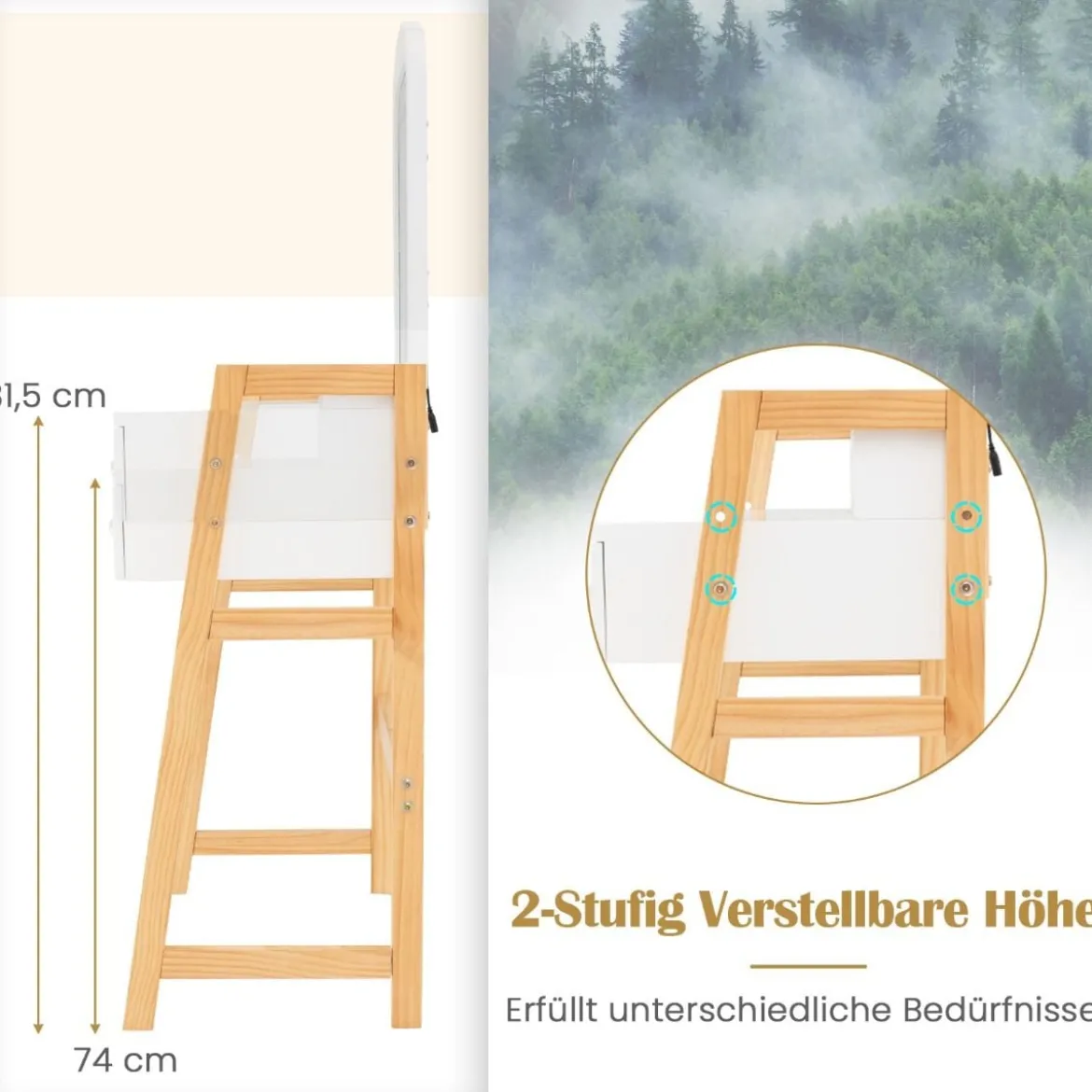 Schminktisch aus Holz mit Hocker & Spiegel & 3 Schubladen Frisiertisch 64 x 41 x 137 cm Weiß