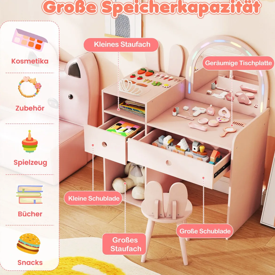 Schminktisch für Kinder mit Beleuchtung Kosmetiktisch mit beleuchtetem Spiegel Frisierkommode mit offenen Regalen Rosa
