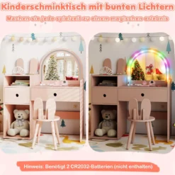 Schminktisch für Kinder mit Beleuchtung Kosmetiktisch mit beleuchtetem Spiegel Frisierkommode mit offenen Regalen Rosa
