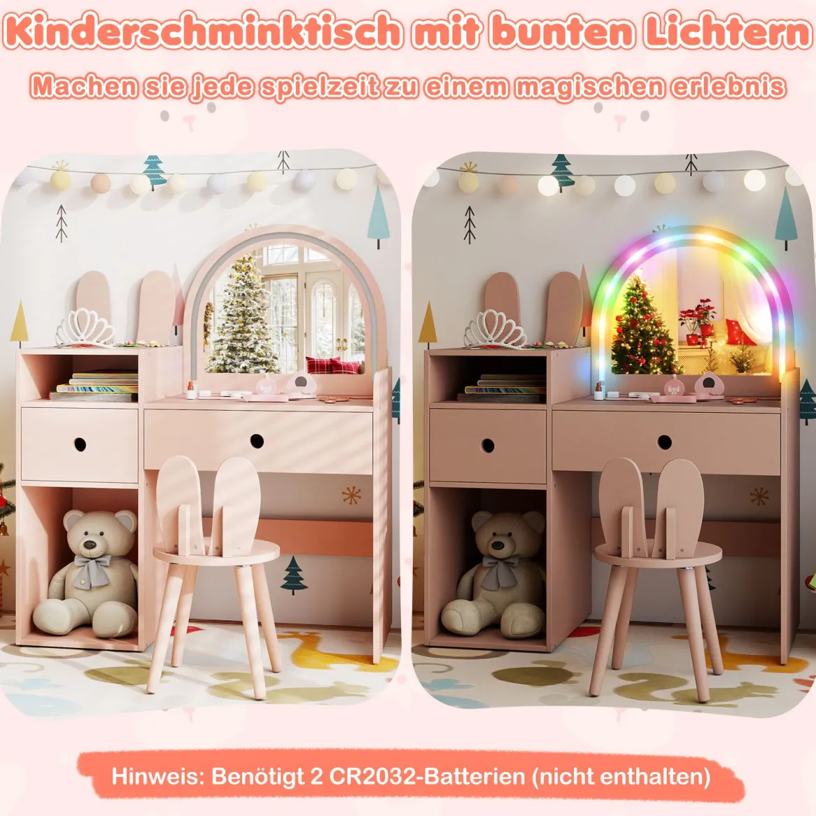 Schminktisch für Kinder mit Beleuchtung Kosmetiktisch mit beleuchtetem Spiegel Frisierkommode mit offenen Regalen Rosa