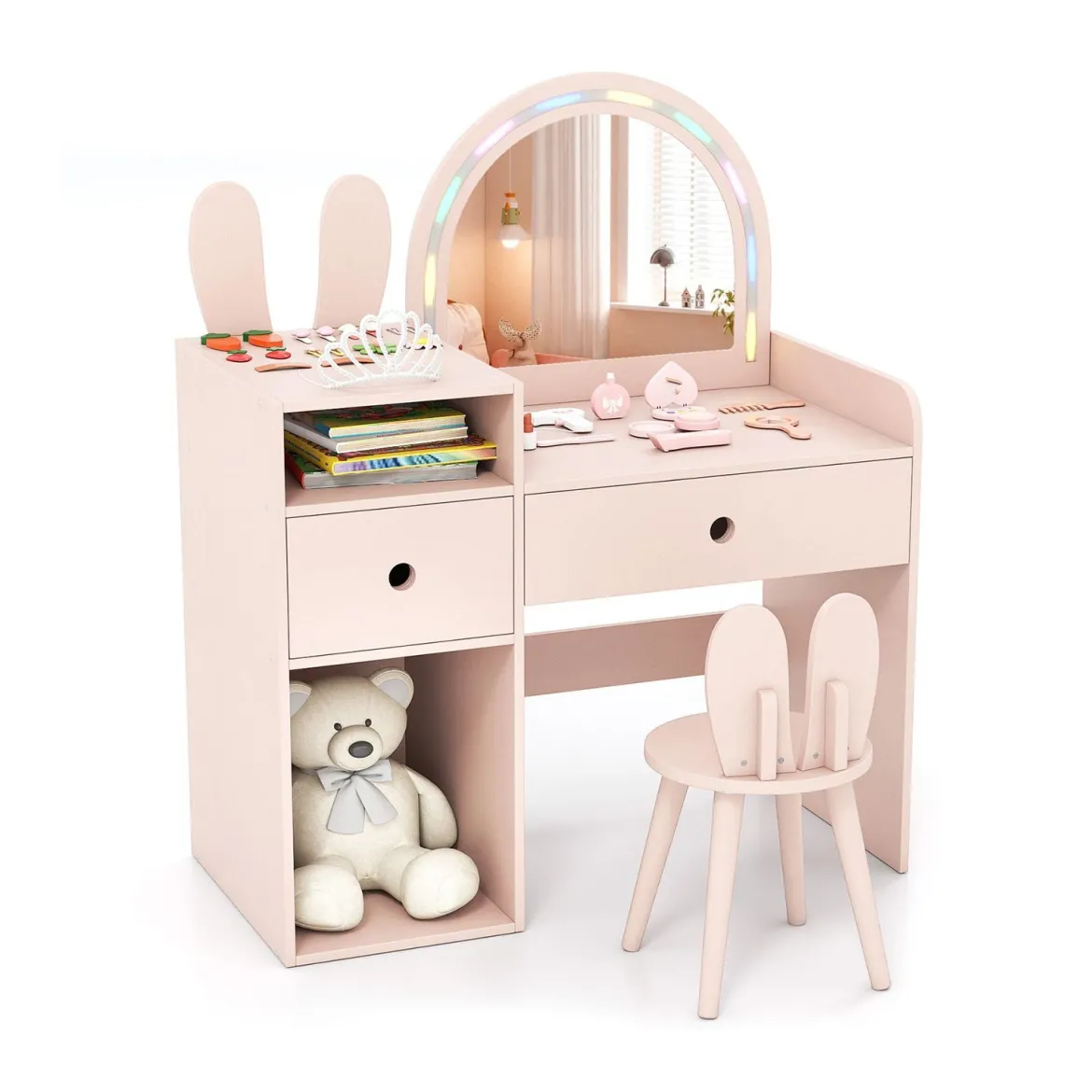 Schminktisch für Kinder mit Beleuchtung Kosmetiktisch mit beleuchtetem Spiegel Frisierkommode mit offenen Regalen Rosa