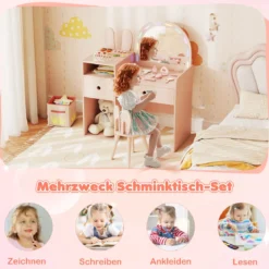Schminktisch für Kinder mit Beleuchtung Kosmetiktisch mit beleuchtetem Spiegel Frisierkommode mit offenen Regalen Rosa