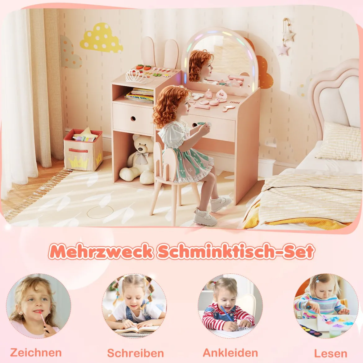 Schminktisch für Kinder mit Beleuchtung Kosmetiktisch mit beleuchtetem Spiegel Frisierkommode mit offenen Regalen Rosa