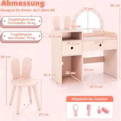 Schminktisch für Kinder mit Beleuchtung Kosmetiktisch mit beleuchtetem Spiegel Frisierkommode mit offenen Regalen Rosa