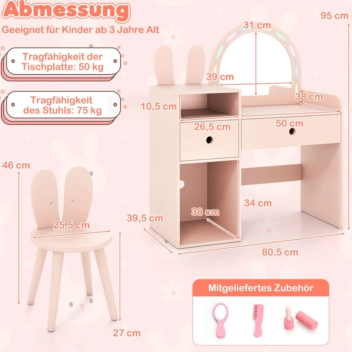 Schminktisch für Kinder mit Beleuchtung Kosmetiktisch mit beleuchtetem Spiegel Frisierkommode mit offenen Regalen Rosa