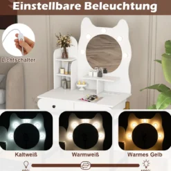 Schminktisch in Katzenform mit Spiegel & Beleuchtung & Schubladen Frisiertisch Weiß