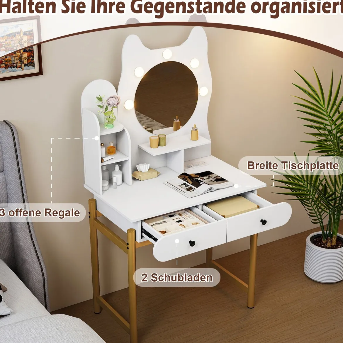 Schminktisch in Katzenform mit Spiegel & Beleuchtung & Schubladen Frisiertisch Weiß