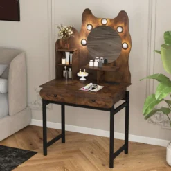 Schminktisch in Katzenform mit Spiegel & Beleuchtung & Schubladen Frisiertisch Braun