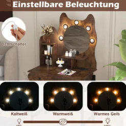 Schminktisch in Katzenform mit Spiegel & Beleuchtung & Schubladen Frisiertisch Braun